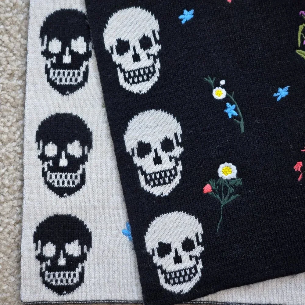 Skull Cashmere Embroidered Wool/Cashmere Scarf Skulls and Flowers